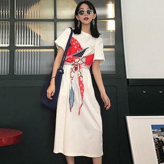 Set: Short Sleeve Plain T-shirt Dress + Spaghetti-strap Print Wrapped Top