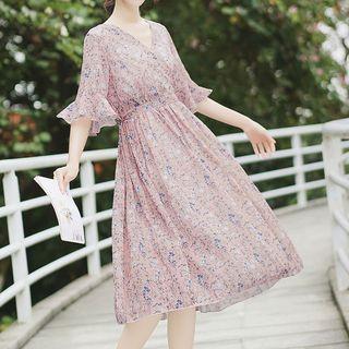 Elbow-sleeve Frill Trim Floral A-line Chiffon Dress