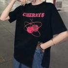 Lettering Cherry Print Slit T-shirt