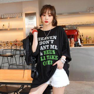 Lettering Tulle-overlay Long T-shirt