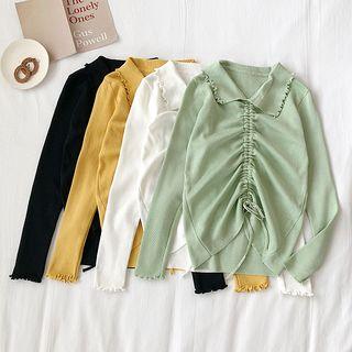 Collared Long-sleeve Drawstring Knit Top