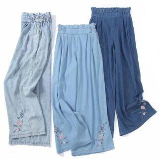 Floral Embroidered Denim Wide-leg Jeans