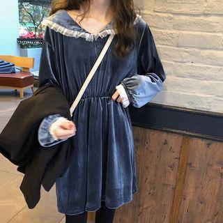 Long-sleeve Frill-trim Mini A-line Velvet Dress