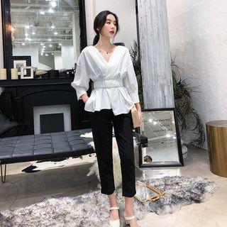 Set: Plain Peplum Blouse + Cropped Pants