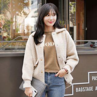 Collared Drawstring Fluffy Knit Jacket