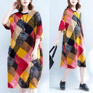 Elbow-sleeve Plaid Midi Dress