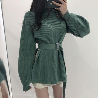 Long-sleeve Tie-waist Split Hem Ribbed Knit Top