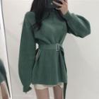 Long-sleeve Tie-waist Split Hem Ribbed Knit Top
