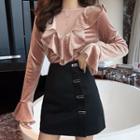 Bell-sleeve Velvet Top / Mini A-line Skirt
