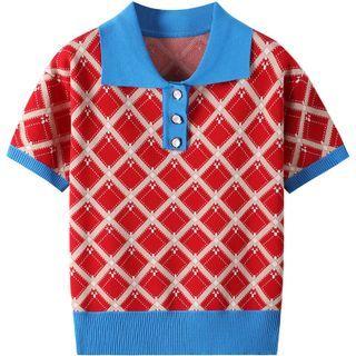 Short-sleeve Patterned Knit Polo Shirt Red - One Size