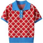 Short-sleeve Patterned Knit Polo Shirt Red - One Size