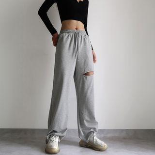Plain Distressed High-waist Drawcord Pants