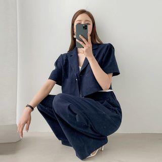 Set: Short-sleeve Cropped Jacket + Pintuck-front Pants