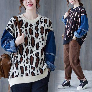 Denim Panel Leopard Print Sweater