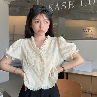 V-neck Plain Floral Cropped Blouse Almond - One Size