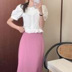 Short-sleeve Frill Trim Blouse / Midi Pencil Skirt