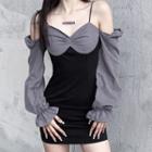 Off Shoulder Puff-sleeve V-neck Color-block Mini Dress