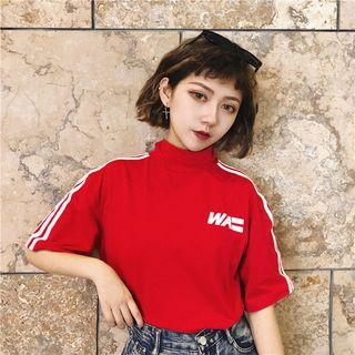 Mock-neck Short-sleeve Striped-trim Top