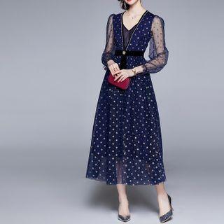 Puff-sleeve Dotted Bow Midi A-line Dress