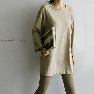 Plain Long T-shirt Beige - One Size