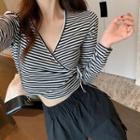 Long-sleeve Striped Crop Top Stripes - Black & White - One Size