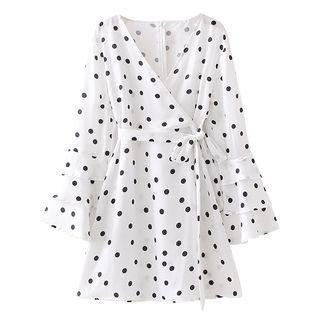 Long-sleeve Dotted Tie-front A-line Dress