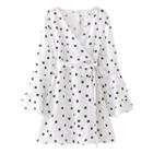 Long-sleeve Dotted Tie-front A-line Dress