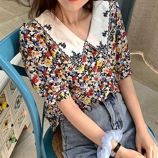 Embroidered Collar Floral Print Blouse Red - One Size