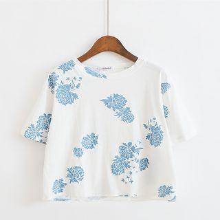 Floral Print Elbow-sleeve Cropped T-shirt