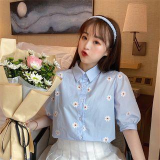 Puff-sleeve Floral Embroidered Shirt