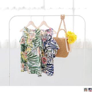 Floral Print Cold Shoulder Ruffled Top