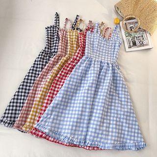 Color-block Plaid Ruffled-trim Sleeveless Dress