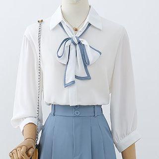 Set: Elbow-sleeve Plain Shirt + Contrast Trim Neckerchief