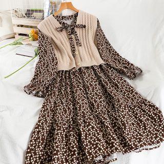 Set: Floral Midi A-line Dress + Sweater Vest