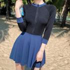 3/4-sleeve Two-tone Swimdress