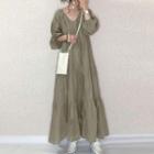 Balloon-sleeve V-neck Maxi A-line Dress Green - One Size