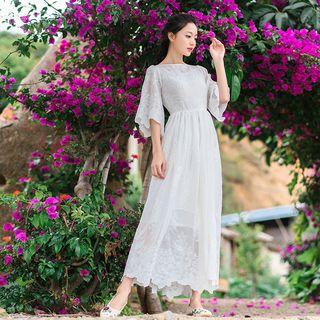 Set : Embroidered Bell-sleeve Dress + Strap Dress