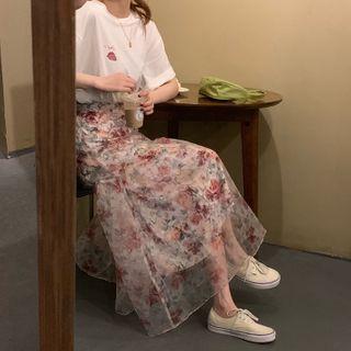 Floral Mesh Midi Skirt