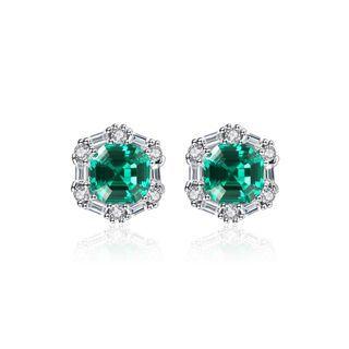 Sterling Silver Fashion Simple Geometric Diamond Stud Earrings With Green Cubic Zirconia Silver - One Size