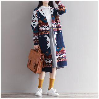 Patterned Pocketed Long Cardigan