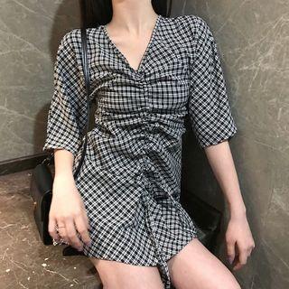 Plaid Drawstring Elbow-sleeve Mini Shift Dress