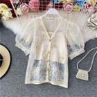 V-neck Lace Puff Sleeve Shirt + Cropped Camisole