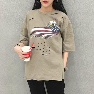 Eagle Print Distressed Loose-fit Long Short Sleeve T-shirt