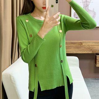 Long-sleeve Tie Accent Split Hem Knit Top
