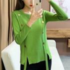 Long-sleeve Tie Accent Split Hem Knit Top