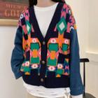 V-neck Color Panel Knit Cardigan