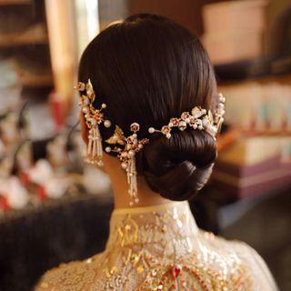 Set: Alloy Flower Wedding Head Piece + Drop Earring Set - Head Piece & 1 Pair - Earring - Gold - One Size