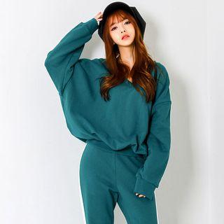 Set: V-neck Contrast-trim Sweatshirt + Sweatpants