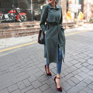 Tie-cuff Long Trench Coat With Sash