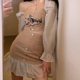 Long-sleeve Lettering Crop Top Mini Skirt